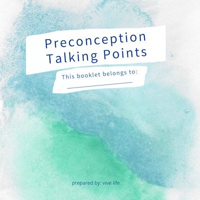 Text reading: Preconception Talking Points: pre-baby conversations